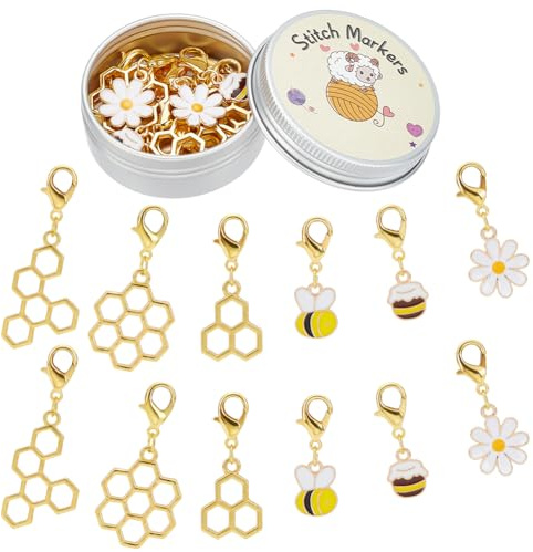 PLIGREAT 12 Pcs Bees Honeycomb Daisy Charms Crochet Stitch Marker Knitting Row Counter Locking Mark Needle Clip Knitting Tool Kit with Storage Tin Box Gifts for Mothers DIY Crafts Jewelry Accessories