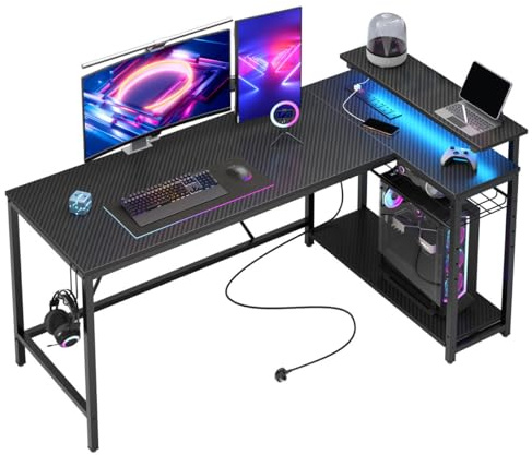 Bestier 147CM L-Shaped Gaming Desk with RGB Lights & Power Outlets, Reversible Corner PC Workstation with Storage & Hooks for Gamers or Home Office