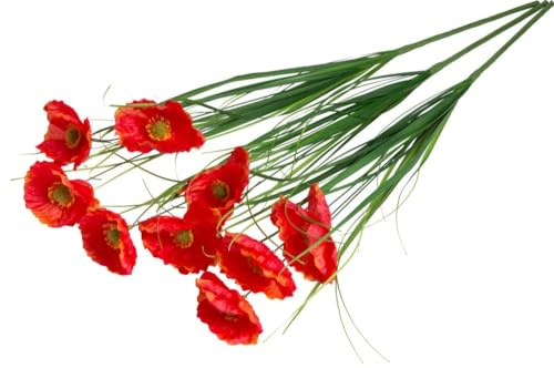 Botanic-Haus künstliche Mohnblume (Sommer und Herbstdekoration) mit 3 Blüten und Gras Farbe: orange-rot (3 Stück)