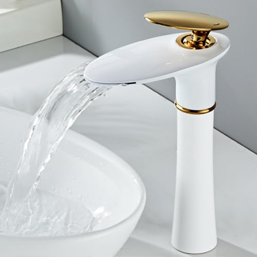 XJTNLB Wasserhahn Bad Wasserfall Einhebelmischer Bad, Waschtischarmatur Wasserfall Wasserhahn Heiß und Kalt Weiß+Gold,Hoher