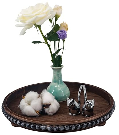 GMFrames Round Decorative Tray Coffee Table Tray with Wood Beaded,Rustic Centerpiece Serving Tray for Farmhouse Kitchen Decor,Bathroom Organizer Brown