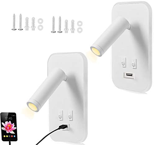 Aofesel Liseuse de Chevet, 2PCS Applique Murale LED Chambre avec Interrupteur et Charge USB, 3W+9W 3000K Fixation Murale Spot Rotatif, Lumières Mural Lit Lampe Murale Couloir Hotel (Blanc-2pcs)