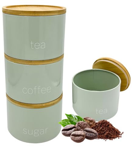 Set of 3 Stackable Tea Coffee Sugar Canister Airtight Food Storage Containers Sugar Jars Tin (Sage)