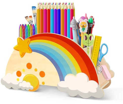Jokisa Regenbogen Stiftehalter für Kinder, Holz Stiftebox, Schreibtisch Organizer Mit 5 Fächern, Büromaterial Federhalter für Klassenzimmer
