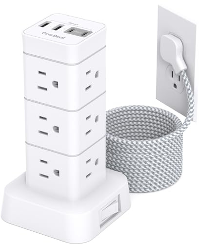 10Ft Surge Protector Power Strip Tower, 12 Outlets 4 USB (2 USB C) Desktop Charging Station for Multiple Devices, Flat Plug Extension Cord with Multiple Outlets, Home Office College Dorm Essentials