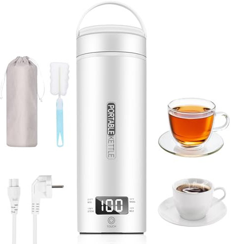 Hervidor eléctrico portátil de viaje, 450 ml, hervidor de agua caliente de viaje, té de café, apagado automático y protección en seco con acero inoxidable 316, 4 reguladores de temperatura (Blanco)