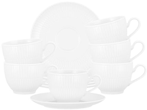 Seltmann Weiden Amina Weiß Kaffeetassen mit Untertassen 6er Set, 250 ml, Kaffee-Set für 6 Personen mit dezentem Relief-Muster, Spülmaschinen- und Mikrowellenfest, Porzellan, Weiß