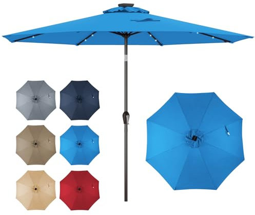 GOPLUS Parasol de Jardin Exterieur 3M, Inclinable 8 Baleines, Lumineux Solaire 24 LED, Manivelle, Anti-UV, Grand Parasol en Métal pour Plage Balcon Patio, Base Non Incluse (Bleu)