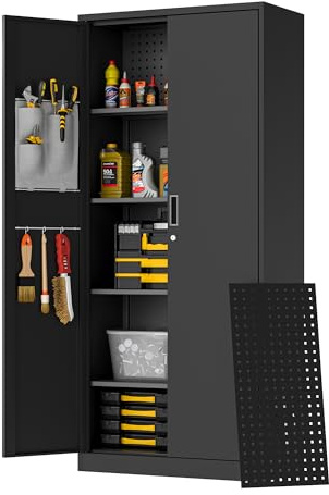 Washemba 71 Metal Garage Storage Cabinet, 2 Locked Doors and 5 Adjustable Shelves, can be Used for Storing Tools, consumables, Books, etc., for Office, Home, Garage, Gym, School (Black)