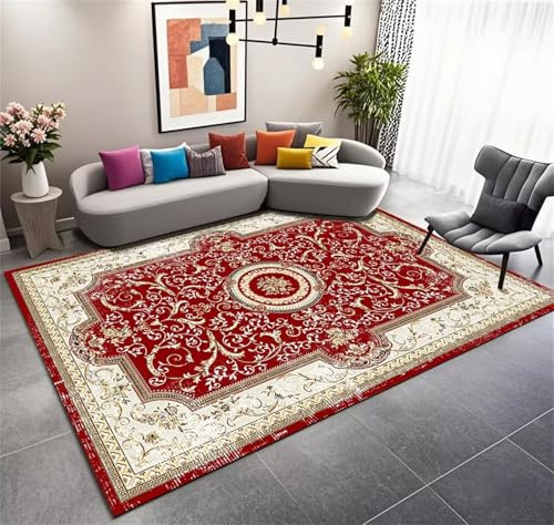 Cooiiye Tapis de Salon Moderne 40x60cm,Tapis Antidérapant,Tapis Salon Lavable,Grand Tapis Salle a Manger,Moquette Chambre/Descente de Lit,Tapis terrasse, Couloir,Rouge Beige Ethnique