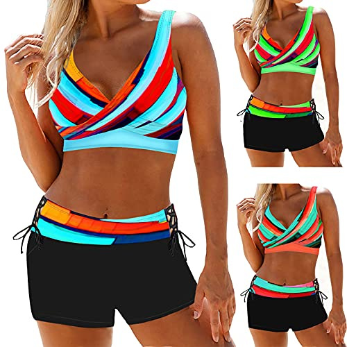 Singular-Point Damen Sport Bikini Set Push Up Badeanzug Zweiteiler V-Ausschnitt Shaping Bademode Hoher Taille Bauchweg Badeshorts Bunt Muster Badebekleidung Neckholder Swimsuit Kordelzug