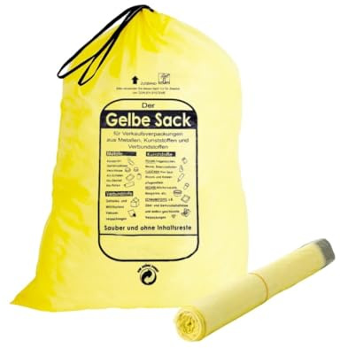 ARLI 65x Gelber Sack Säcke mit praktischem Zugband 90L HDPE Müllsäcke gelb/transparent Duales System Wertstoffsack 620x880 mm 15µ (5 Rollen je 13 Stück)