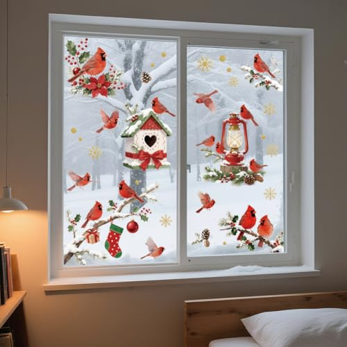 ANATTASOUL Weihnachten Fensterbilder Doppelseitig Kardinäle und Schneeflocken Fensterdeko Wiederverwendbar Fenstersticker Blickdichter Fenster Aufkleber Deko Herbst Winter für Wohnzimmer Badezimmer