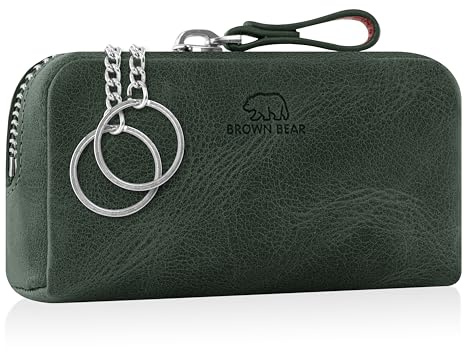 BROWN BEAR Schlüsseletui Leder mit Reißverschluss Münzfach - BB 8017-A GN | Echtleder Olive Grün Vintage Schlüsseltasche groß für Damen & Herren RFID-Schutz nur für Kreditkarten oder Ausweise