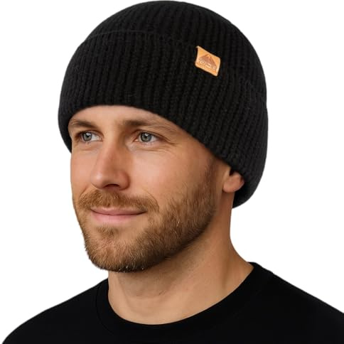 TOP-EX 100% Merino Mütze Schwarz, Warme Wintermütze für Herren und Damen, Strickmütze, Beanie für Männer, Outdoor Sportmütze, Wollmütze für Wandern, Skimütze für Laufen L/XL