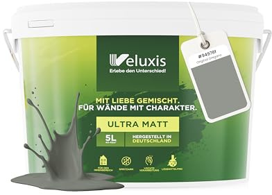 Veluxis® Pintura de pared gris para interiores - 5 litros y opacidad clase 1, sin vetas, antigoteo, ecológica y sin COV (Original Oregano)