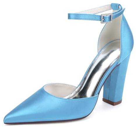 LRMYMHY Zapatos De Boda De Satén con Correa En El Tobillo para Mujer Tacón Cuadrado Zapatos De Novia Punta En Puntiaguda,Sky Blue,37 EU