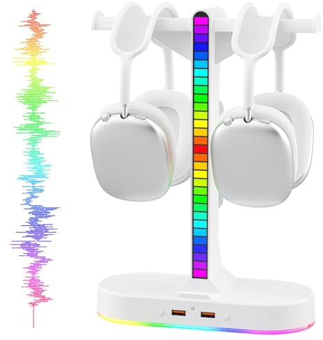 ALACOO Dual Headphones Stand for Desk with 2 USB Port and 3.5mm Audio Port, Double Headphone Hanger Led, Headset Stand RGB with Non-Slip Base, Gaming Headset Holder for Gamer, All Headsets/Earphones