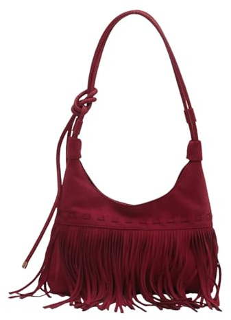 XPJYUA Borsa con frange Borsa a tracolla con frange vintage, borsa a mano nappa e mezzaluna, for lavoro, shopping, viaggi, donna(Burgundy)