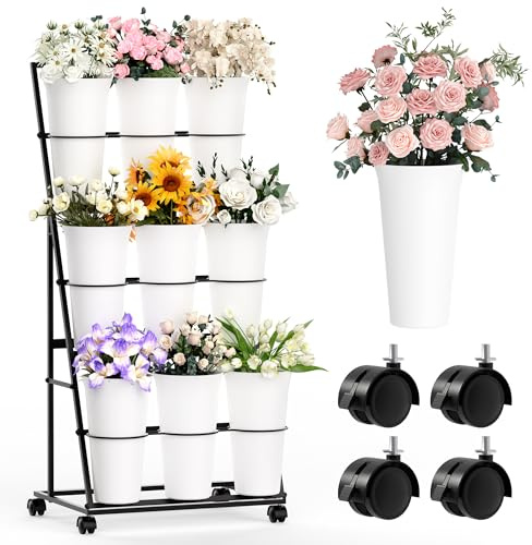 Invech Blumenständer mit 9 Eimern, 3 Etagen Blumenständer aus Metal mit Rollen, Mobiler Pflanzenständer für Innen Außenbereich, Hochzeiten, Blumenläden, Garten (Schwarz)