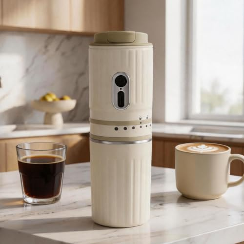 Mocoli Macchina per Caffè Espresso Portatile, Caffettiera Elettrica da Viaggio Bianca Macinacaffè Elettrico con Macinatura Automatica e Filtro in Acciaio Inox per Escursioni Campeggio