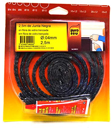 Pyrofeu - Joint Noir en Fibre de Verre - Diamètre 4, 2m50 - Résiste à 500°C - Fabrication Française - Tube de Colle 17ml Inclus