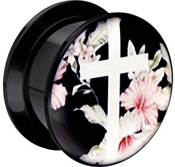 PIERCINGLINE Acryl Plug schwarz | KREUZ BLÜTEN MOTIV | Piercing Ohr Tunnel | Größenauswahl