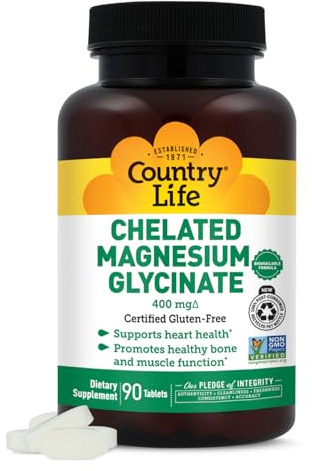 Country Life Chelated Magnesium Glycinate 400mg – High Absorption Magnesium for Calm, Muscle Relaxation, Energy & Bone Support – Certified Gluten-Free, Vegan, Kosher, Non-GMO – 90 Tablets
