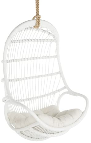 KOUBOO Hanging Rattan Swing Chair with Seat Cushion, Handwoven Natural Rattan Chair, Coastal Home Decor Furniture for Bedroom, Living Room, & Sun Room, White