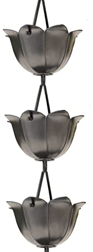 Monarch Rain Chains Große Lotus-Regenkette aus Aluminium, 2,6 m, Zinn, pulverbeschichtetes Aluminium, dekorative Regenfangkette für Dachrinnen, Zinn-Aluminium-Regenrinnen-Ersatz-Fallrohr