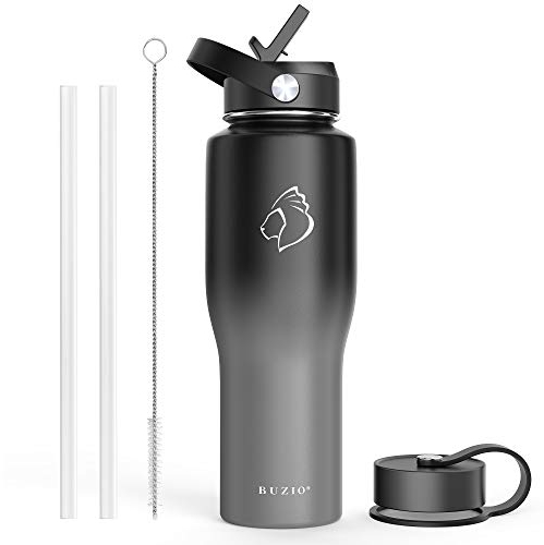 BUZIO Insulated Stainless Steel Water Bottle 1L with Flex Cap, Leakproof, Carry Loop, BPA-Free, Wide Mouth for Sports, Travel, Work, New Black