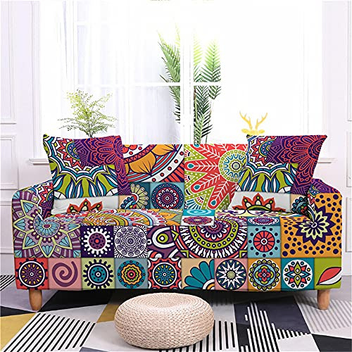 Funda Sofá Elástica Universal Ajustable 3D Mandala Estampada Exótica Cubre Sofa con 1 Cojín, Antisuciedad Antideslizante Protector de Muebles (3 plazas,G)
