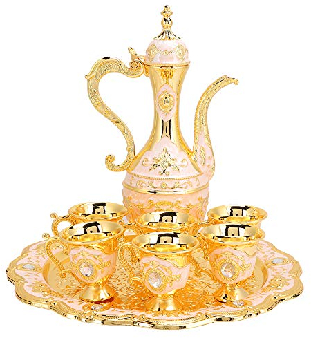 Vintage Turkish Coffee Pot Set, Turkish Tea Set with 6 Coffee Cups, Golden Wine Decanter and Glasses Set,Copper for Home Tea Party(Pink)