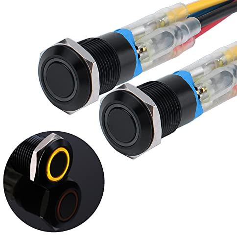JIQI 2× 12mm Verrieglung Druckschalter 12V bis 24V 2A wasserdicht selbsthaltend schwarz Druckknopfschalter aus Metall LED Beleuchtet Latch EIN/AUS Schalter mit IP66 1NO für Motorrad Boot LKW RV (Gelb)