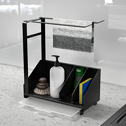 KYYLZ Spülbecken Organizer Schwarz Schmal Spülbecken Caddy Organizer Edelstahl,Spültuchhalter,Sink Organizer Hängend Wand mit Handtuchhalter,Abflusspfanne,Kleber für Küche&Badezimmer(25x20.5x8.5cm)