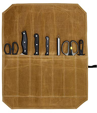 Professional Chefs Knife Roll Bag, Heavy Duty Waxed Canvas Knife Bag, 7 Slots Multi-Purpose Tool Roll, Hold Home Kitchen Knife Tools Up to 16.9”, for Camping, Barbecue, Home, Kitchen