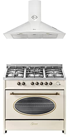 GURARI spis set GCH E 914 Cr GCH C 046 WH 9, retro induktionsspis stående 90 cm, range coocker, 121 L, gräddvit + köksfläkt, vägghuva 90 cm, vit, frånluft/luftcirkulation, absorberande 1000 m3/h