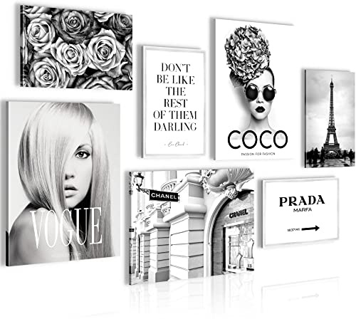 Novart Wandbilder Fashion Coco - KOMPLETT AUFHÄNGFERTIG - Schwarz Weiss Wohnzimmer Mädchen Teenager - 7 Moderne Mood-Bilder - N009071a