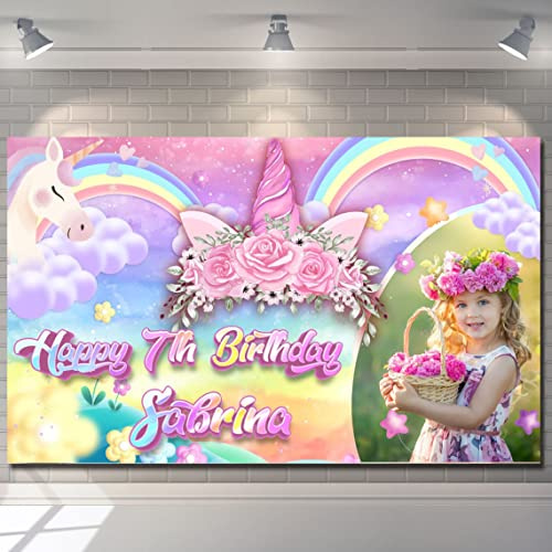Happy Birthday Backdrop Background Banner Personalised unicorn pink girl rainbow children kids Poster Fabric Cloth Curtain Party balloon star Decorations-1st 2nd 3rd 4th 5th