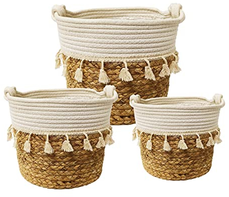 KMERCE 3Pcs Pflanzkorb groß, Blumentopf seegras, pflanzenkorb Geflochten Boho, Dekorativ übertöpfe Korb für zimmerpflanzen,mit wasserdichtem Kunststofffutter und Griffen,Aufbewahrungskorb