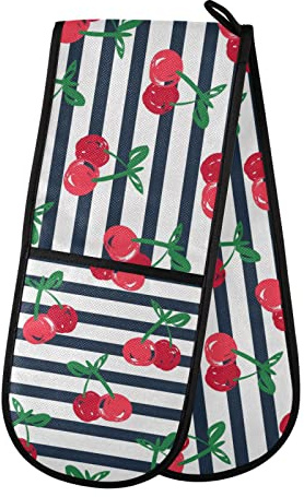 Double Oven Glove Cherry Pattern Stripe Heat Resistant Double Ovens Mitt Modern Cooking Gloves Potholders