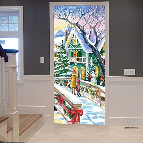 Türtapete Selbstklebend Cartoon Weihnachten Holzbrücke Häuser 77 X 200 Cm Türposter Fototapete Poster Tapete Pvc 3D Türaufkleber Selbstklebend Diy Türbild Wandbild - Kinderzimmer Wohnzimmer Küche Sch