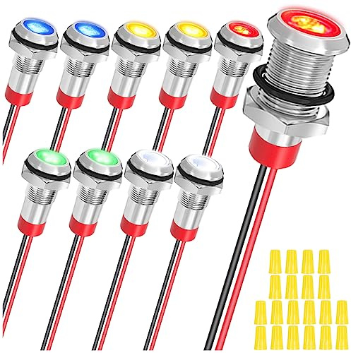 MKBKLLJY 10Pcs 8mm AC/DC12-24V LED Metal Indicator Light Waterproof Signal Lamp 5Color(Red/Yellow/Blue/Green/White) with 150mm Cable Length Metal LED Indicator Light and Wiring Cap