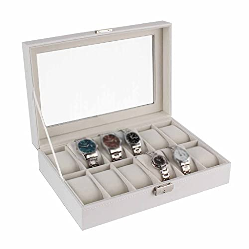 BONOOL Großer Geschenke-Organizer, weißes Gehäuse, staubdichte Aufbewahrung aus Holz, Uhrenbox für Zuhause, 12 Fächer, Display