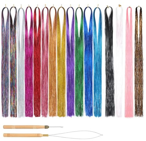 TECKI 16 Piezas Extensiones De Pelo De Colores - Mechones De Pelo con Brillo, Adornos para El Pelo, Mechas Pelo, Pelucas Disfraz, Hair Tinsel para Fiestas Festivales Musica