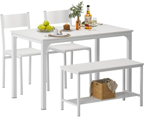 sogesfurniture Essgruppe 4-teilig, mit Esstisch 110 * 70 * 76cm, 2 Stühlen, eine Sitzbank in Metallgestell, Rechteckig Küchentisch-Set mit Ablagefläche für Wohnzimmer, Esszimmer, Weiß