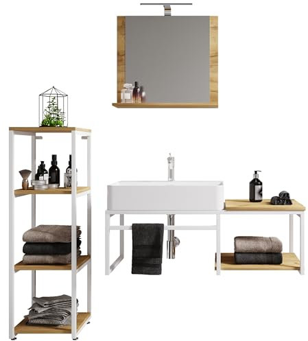 VCM 4-TLG. Waschplatz Waschtisch Badmöbel Set Waschbecken Holz Metall Industrial Style Bitila 100 V2