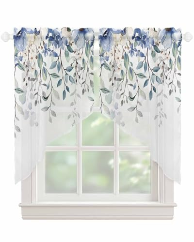 Blue Eucalyptus Leaf Swag Valances for Windows Summer Flowers Leaves Watercolor Semi Sheer Valance Curtains Floral Voile Swags Topper Curtain for Kitchen Living Room Bedroom, 2 Panels, 36x36 Inch