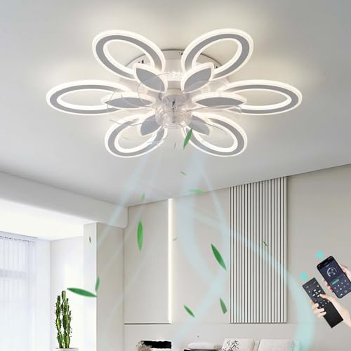 Fleur Luminaire Ventilateur Plafonnier 6 Vitesses Réversible Lustre Ventilo Avec Télécommande LED Dimmable Silencieux Plafonnier Ventilateur Pour Le Salon Chambre, Blanc