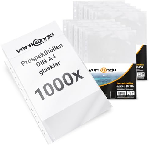 versando 1000 Fundas Portadocumentos Carpetas para Folletos A4 con Borde de Grapado, Transparentes, 60 my (10 x 100 Unidades)